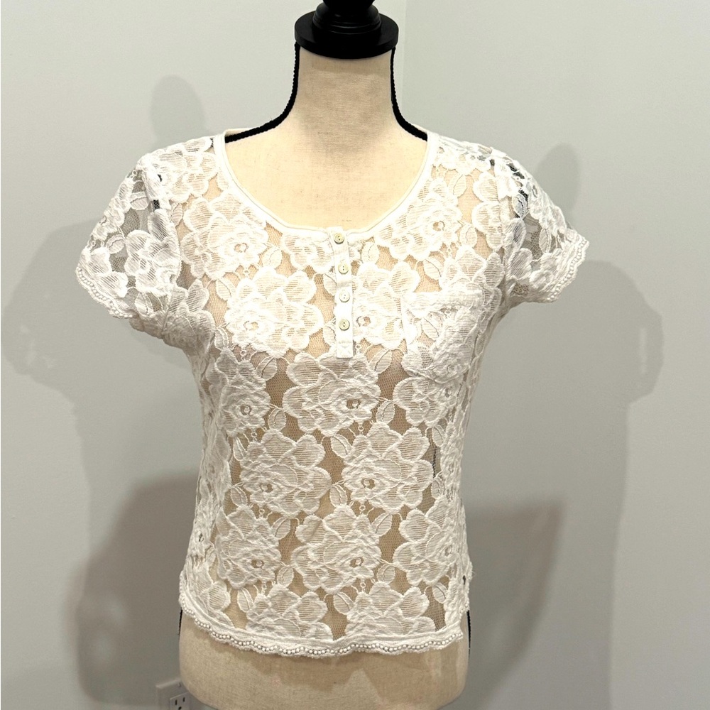 Abercrombie & Fitch white lace mesh short sleeve top small girly cute BTS flirty